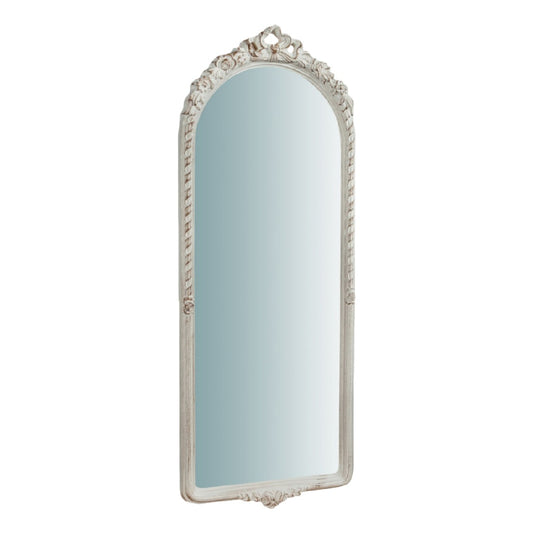 Espejo decorativo clásico alto con arco, marco tallado color blanco envejecido, para pared
